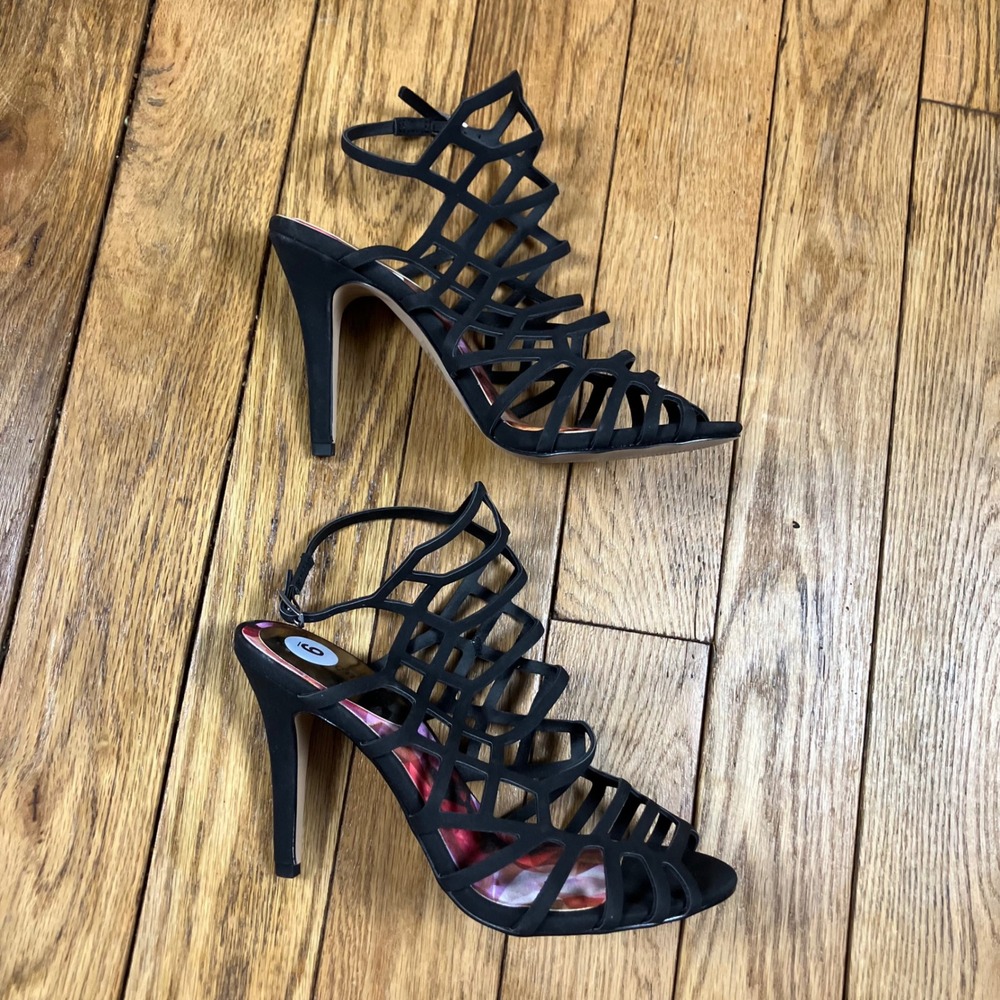 Madden Girl Black Strappy Cage High Heel Sandals with Ankle Buckle